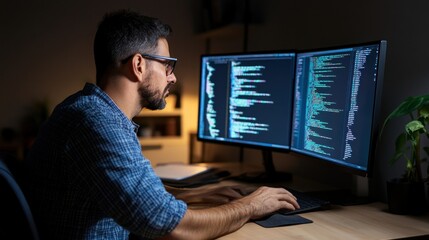 A man in glasses is focused on coding, sitting at a desk with dual monitors filled with programming code. The room is softly illuminated, creating a productive atmosphere
