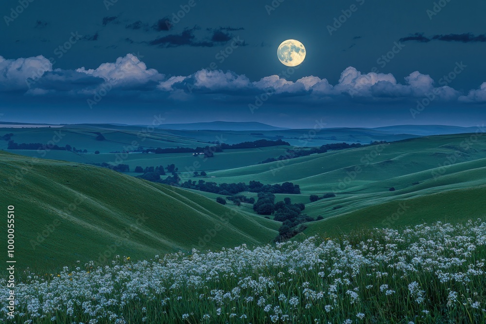 Sticker A serene landscape under a full moon, featuring rolling hills and a field of flowers.