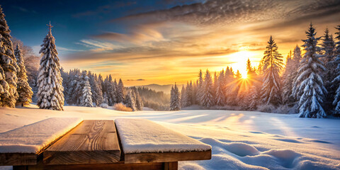 Wooden table top with snow covered mountain range in background Wooden table, snow, mountain and forest background, covered with snow.