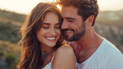 Fototapeta premium A couple enjoys a tender moment on a hillside during sunset, smiling brightly at each other while basking in the warmth of their affection and the beautiful surroundings