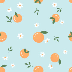 Seamless pattern with orange and cute flower on green background vector.