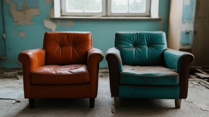 Fototapeta premium Two worn armchairs, one orange and one blue, stand side by side in a neglected room featuring cracked walls and fading light from the window