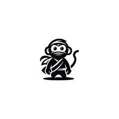 Monkey Ninja Logo. A cartoonish logo of a monkey in the role of a mysterious ninja, hiding his identity and dedicated to the task
