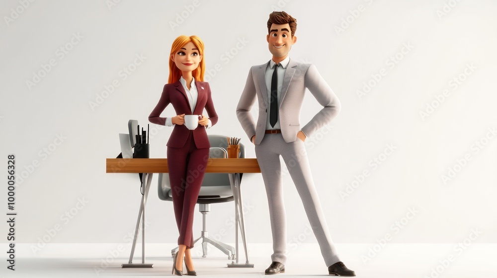 Wall mural Two animated professionals stand by a desk, showcasing a business environment.