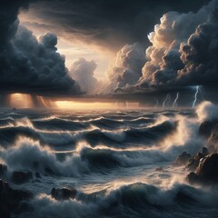 Powerful ocean waves crash against rocky shores under dark, stormy clouds. Lightning strikes in the background, adding drama to the turbulent seascape, capturing the raw power of nature and the