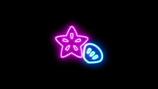 The blinking neon light of shell fish icon in the black background.