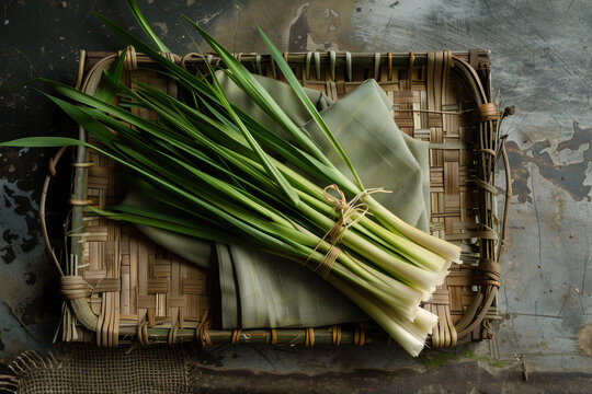 Green Lemongrass or citronella grass leaves, freshly cut displayed on board with a cloth, food magazine style photo