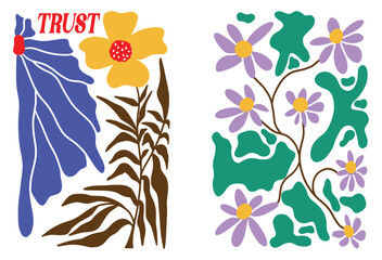 Fototapeta premium Set of abstract lavender flowers. Organic scribbles in color in trendy naive retro hippie style 60s 70s. Modern poster and background.