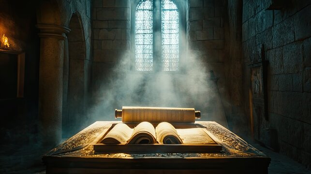 A quiet moment in a synagogue, with the focus on the Torah scrolls being carefully unrolled on a wooden table, illuminated by a single beam of light from a high window. The scene is rich in tradition