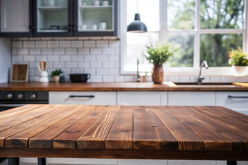 Fototapeta premium Warm wooden kitchen table with lush greenery in sunlit modern kitchen, inviting culinary creativity and social gatherings. Generative AI