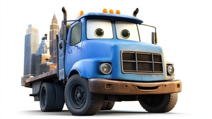 A cheerful blue truck with large eyes and a friendly smile, set against a city backdrop.