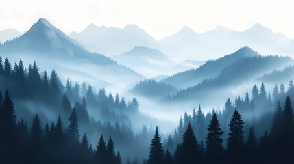 Realistic image of misty morning mountains and forest. generative ai. Misty Mountains. Illustration