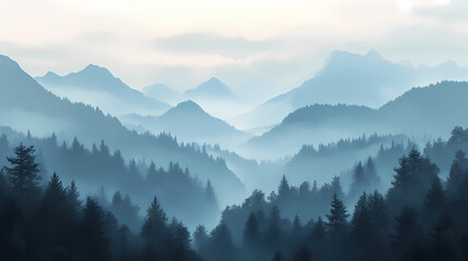 Naklejka premium Realistic image of misty morning mountains and forest. generative ai. Misty Mountains. Illustration