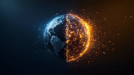 Fototapeta premium Abstract digital illustration of a split globe, showcasing fiery and icy elements.
