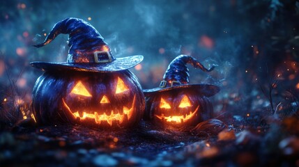 Fototapeta premium Glowing Jack-o'-Lanterns with Witch Hats in a Spooky Halloween Forest