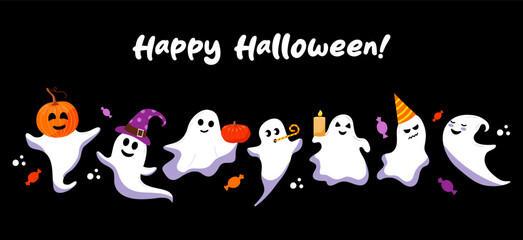 Greeting card with cute ghost. Funny ghosts in hat with pumpkin. Holiday cartoon characters vector set.