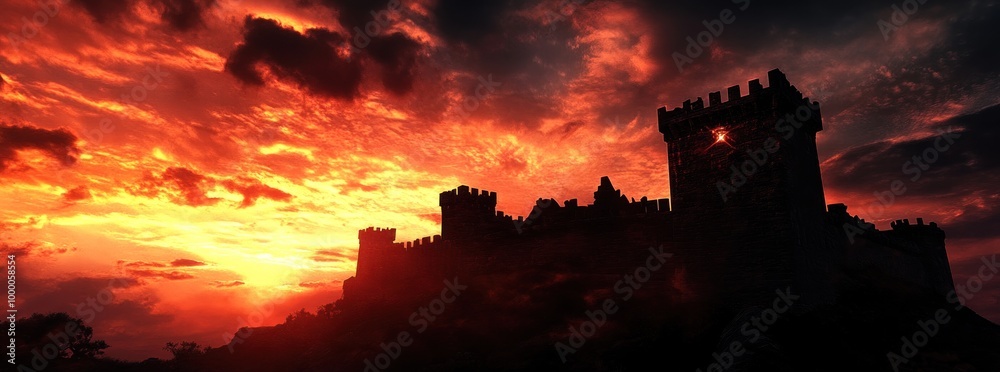 Canvas Prints A silhouetted castle against a dramatic sunset with vibrant colors in the sky.