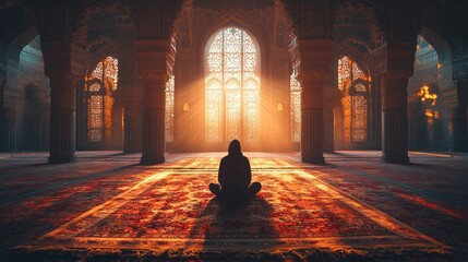 A quiet moment of prayer in a mosque, with a single worshipper kneeling on a beautifully patterned carpet, surrounded by the intricate architecture and soft light filtering through the windows.