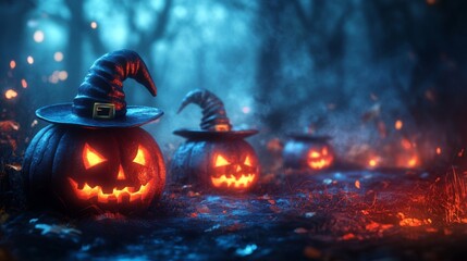 Naklejka premium Glowing Jack-o'-Lanterns with Witch Hats in a Spooky Halloween Forest