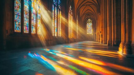 A majestic cathedral interior, with towering columns, vaulted ceilings, and sunlight streaming through the stained glass windows, creating a rainbow of colors on the stone floor. The grandeur of the
