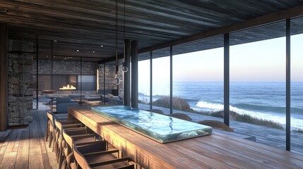 Obraz premium A modern coastal retreat, the glass box with its ocean scene resting on a wide wooden dining table, framed by large windows showcasing the real sea in the distance