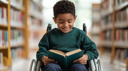 Boy in Wheelchair Reading Book in Library