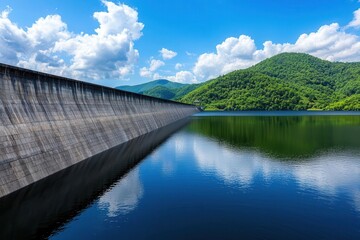 Fototapeta premium Hydroelectric dam with a serene lake reflecting the sky, hydropower, calm renewable energy
