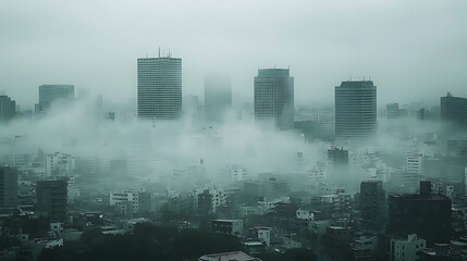 A foggy cityscape reveals towering skyscrapers emerging from a sea of mist.