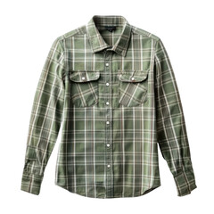 A green flannel shirt with plaid pattern isolated on white and transparent background