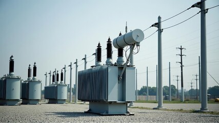 A transformer at an electrical substation. Transmission of electricity.