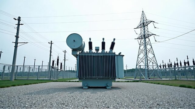 A transformer at an electrical substation. Transmission of electricity.