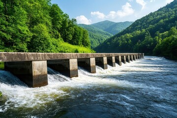 Hydropower turbines in a rushing river with sunlight filtering through trees, river hydropower, sustainable forest energy