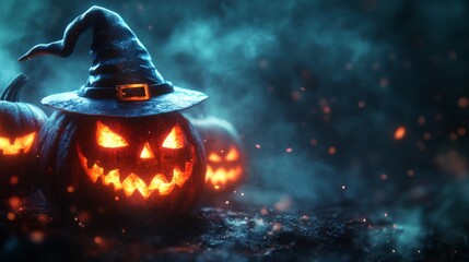 Fototapeta premium Glowing Jack-o'-Lanterns with Witch Hats in a Spooky Halloween Forest