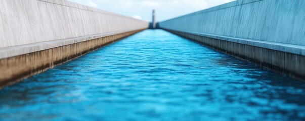 Obraz premium Water flowing over sleek, futuristic hydropower turbines in a modern facility, hydropower technology, advanced water energy solutions