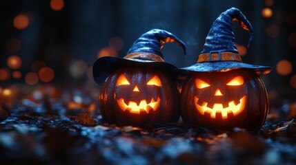 Naklejka premium Glowing Jack-o'-Lanterns with Witch Hats in a Spooky Halloween Forest
