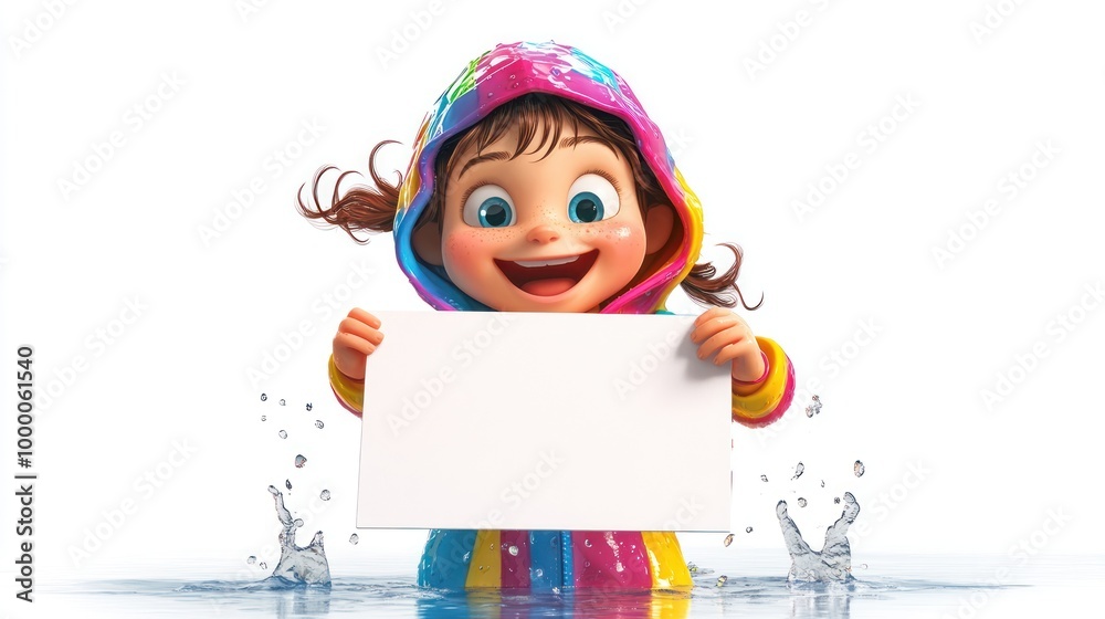 Canvas Prints A cheerful child in a colorful raincoat holding a blank sign while splashing in water.