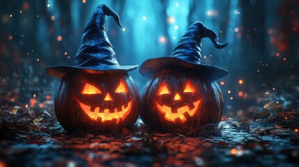 Fototapeta premium Glowing Jack-o'-Lanterns with Witch Hats in a Spooky Halloween Forest