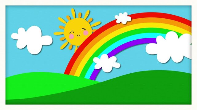 sun and rainbow and clouds in the blue sky landscape frame loop animation, green meadow paper texture, kids fairy tale and nursery rhyme motion background