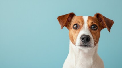 A close-up of a dog with a brown and white coat against a light blue background.