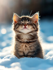 Fototapeta premium A cat sitting in the snow, enjoying its surroundings. The snow-covered landscape creates a serene atmosphere, highlighting the feline's playful nature and curiosity.