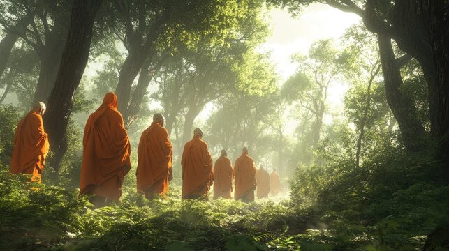 A group of monks walking in a line through a misty forest, their orange robes standing out against the green of the trees. The scene exudes a sense of peace and spiritual discipline.