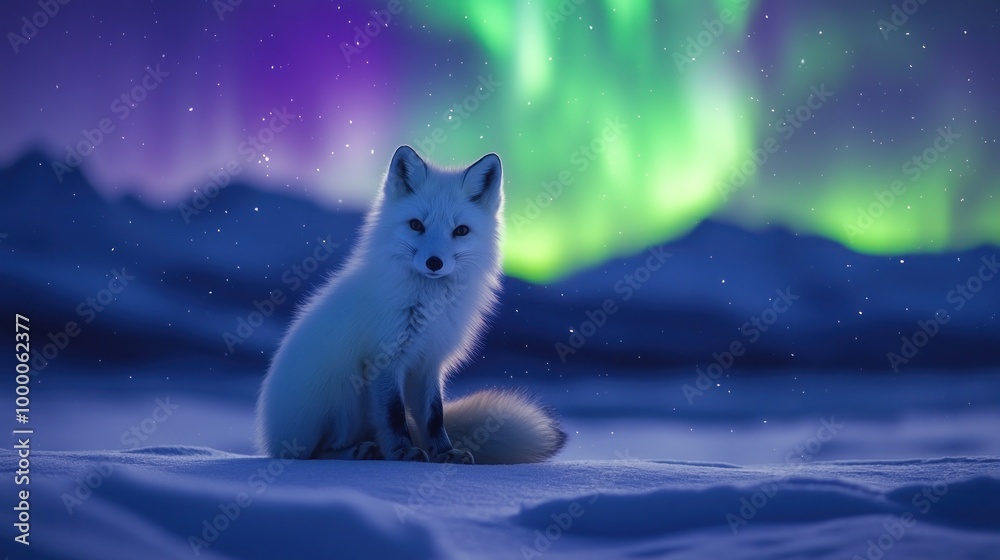 Wall mural A serene arctic fox sits in the snow under a vibrant aurora borealis.