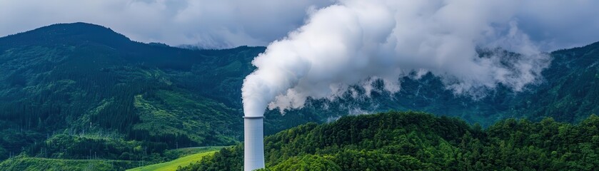 A geothermal power station surrounded by greenery and forests, steam blending with the environment, geothermal energy, eco-friendly power
