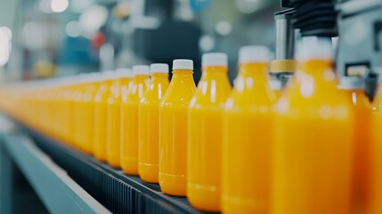 Bottles of orange juice moving along a production line in a busy factory during daylight hours