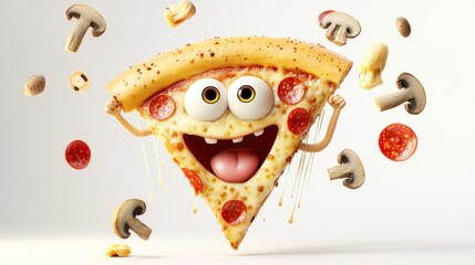 A cheerful cartoon pizza slice with arms, smiling and surrounded by mushrooms.