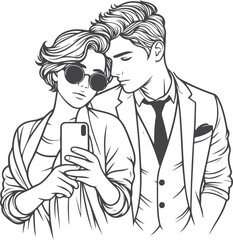 line art wedding husband wife, Mordan, kissing and romantic couple vector design.