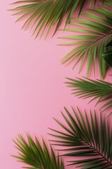 Green palm leaves frame a bright pink background in a vibrant tropical setting