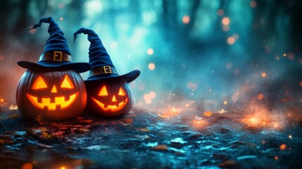 Fototapeta premium Glowing Jack-o'-Lanterns with Witch Hats in a Spooky Halloween Forest