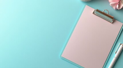 Blank clipboard and pen on blue background, ready for notes and organizational tasks