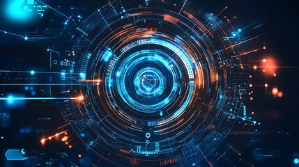 Obraz premium Abstract futuristic digital technology background with blue and orange lights.